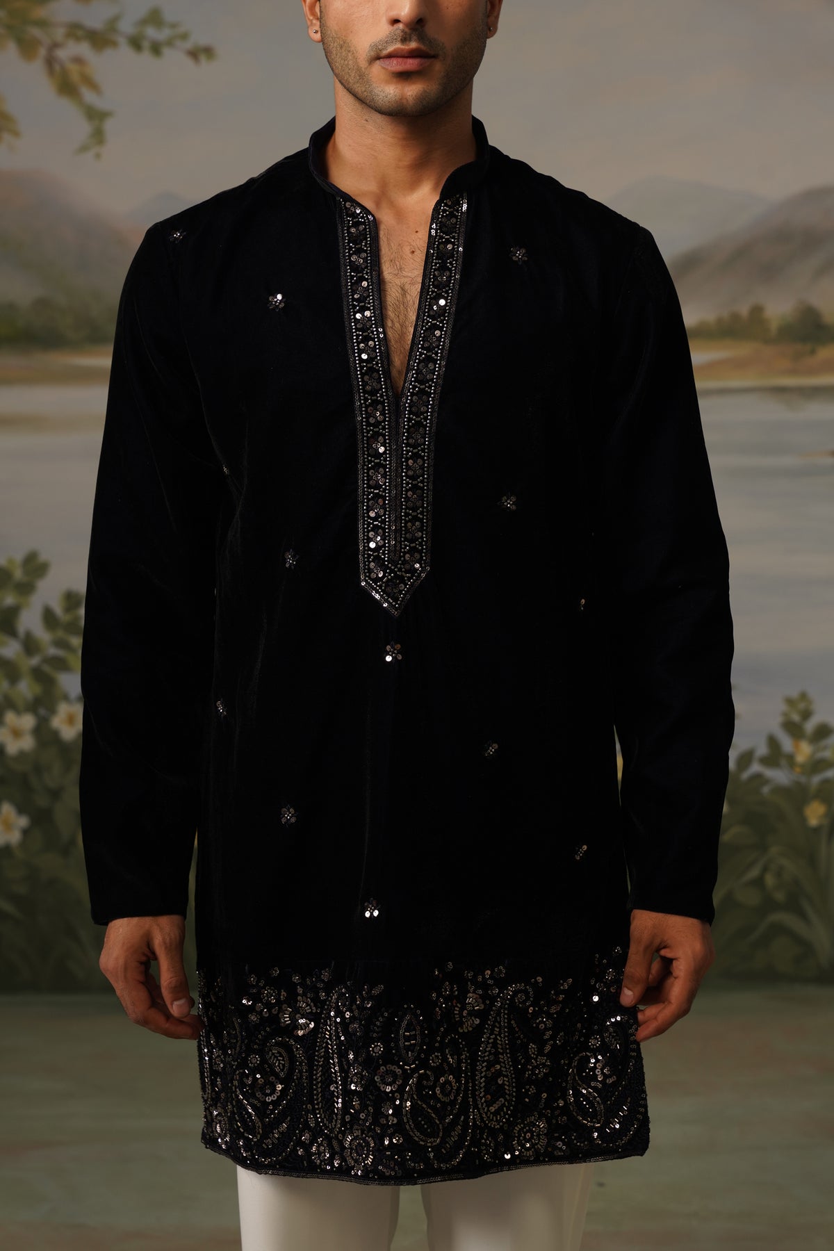 Umrao Navy Blue Velvet Embroidered Kurta Set