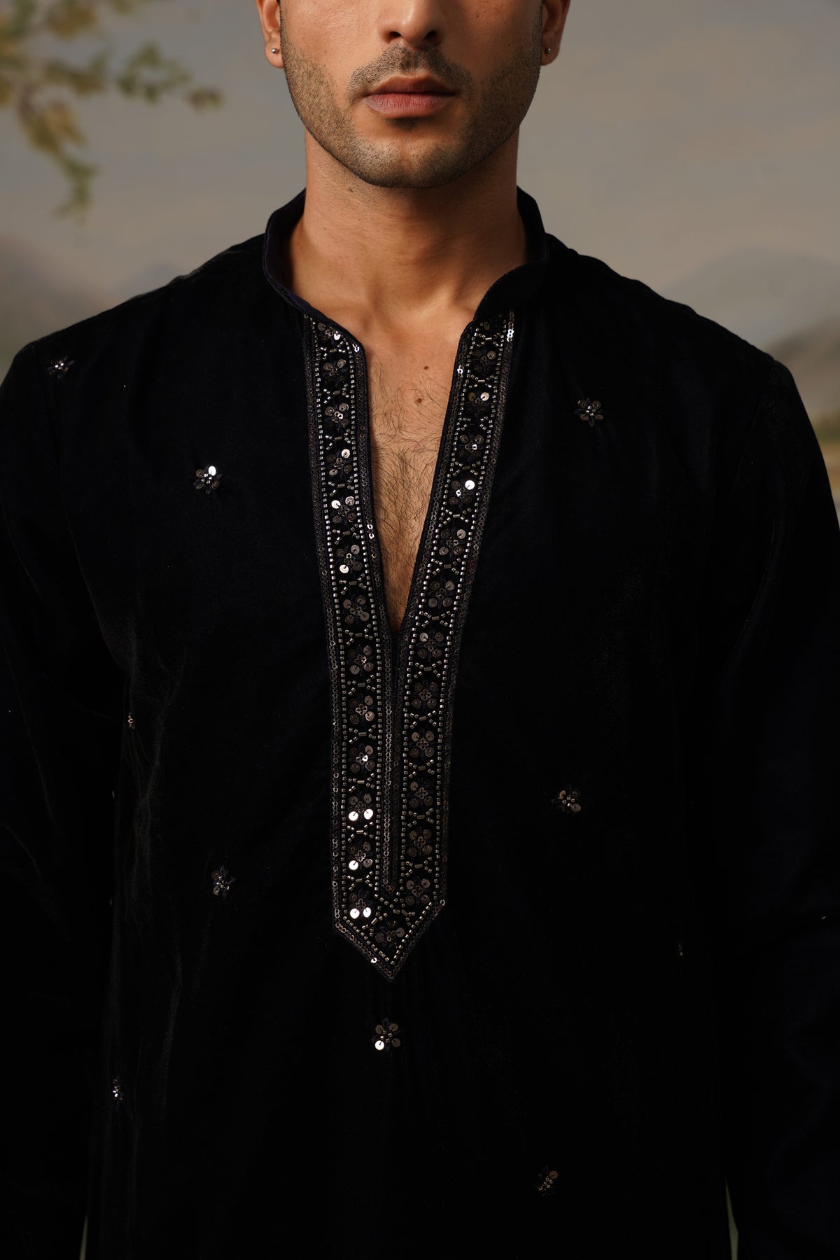 Umrao Navy Blue Velvet Embroidered Kurta Set