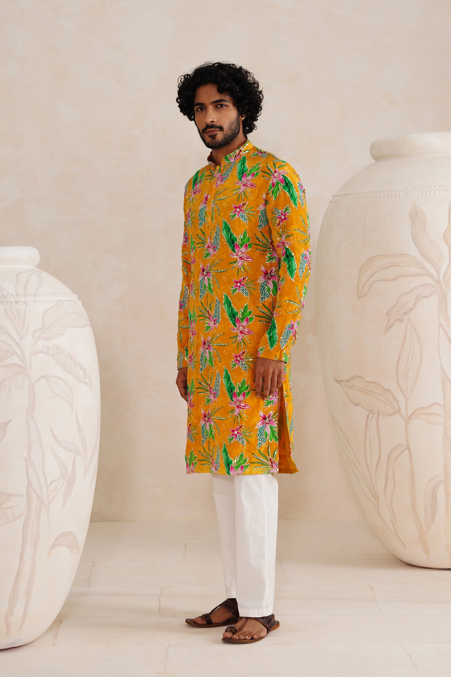 Haldi Yellow Embroidery With Print Kurta Set