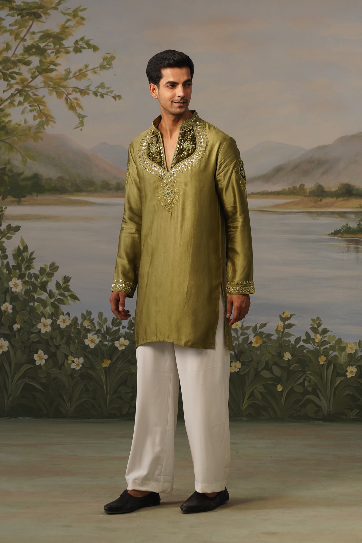 Zaitoon Olive Patchwork Zardosi Mirror Kurta Set