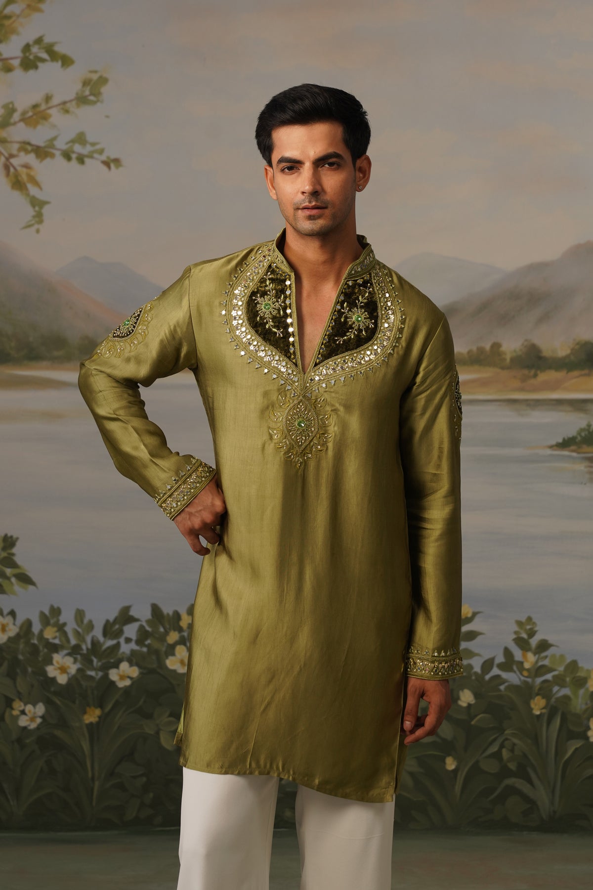 Zaitoon Olive Patchwork Zardosi Mirror Kurta Set