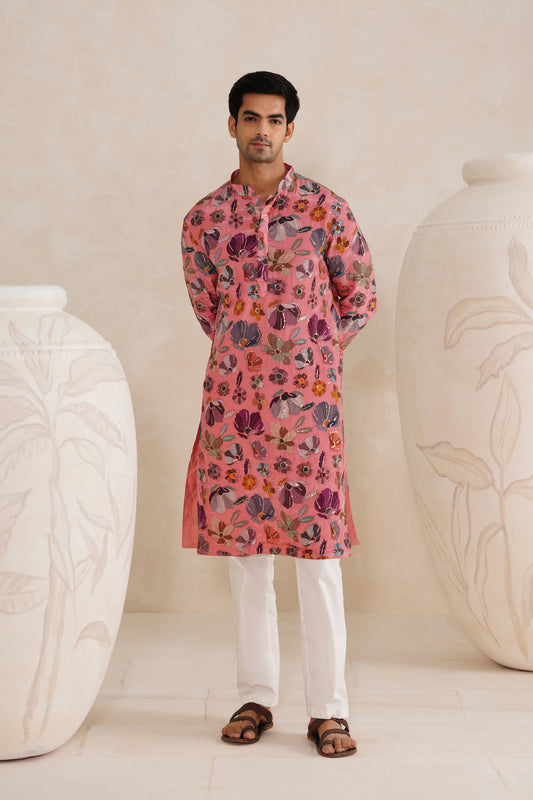 Pink Embroidery With Print Kurta Set