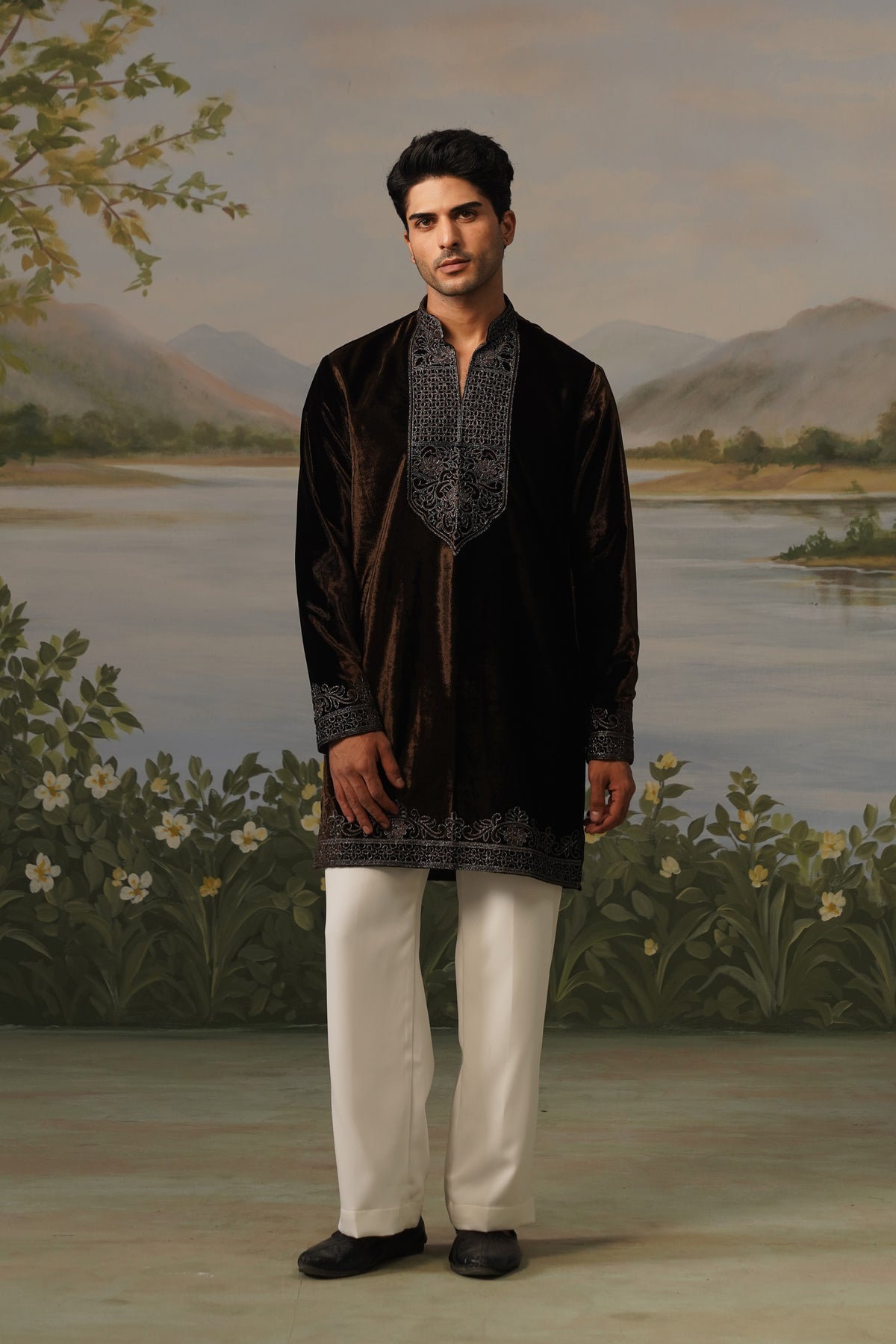 Khaki Brown Velvet Bead Embroidered Kurta Set