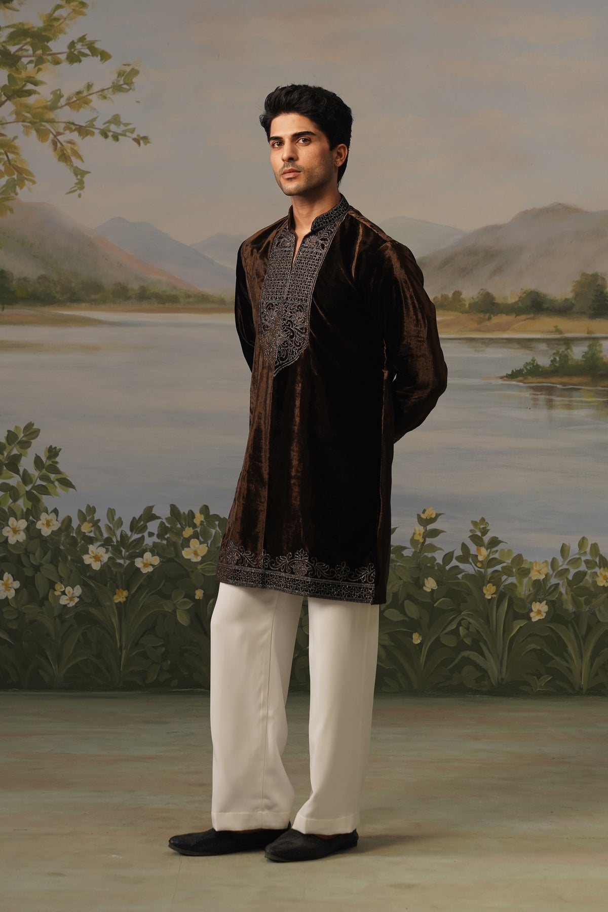 Khaki Brown Velvet Bead Embroidered Kurta Set