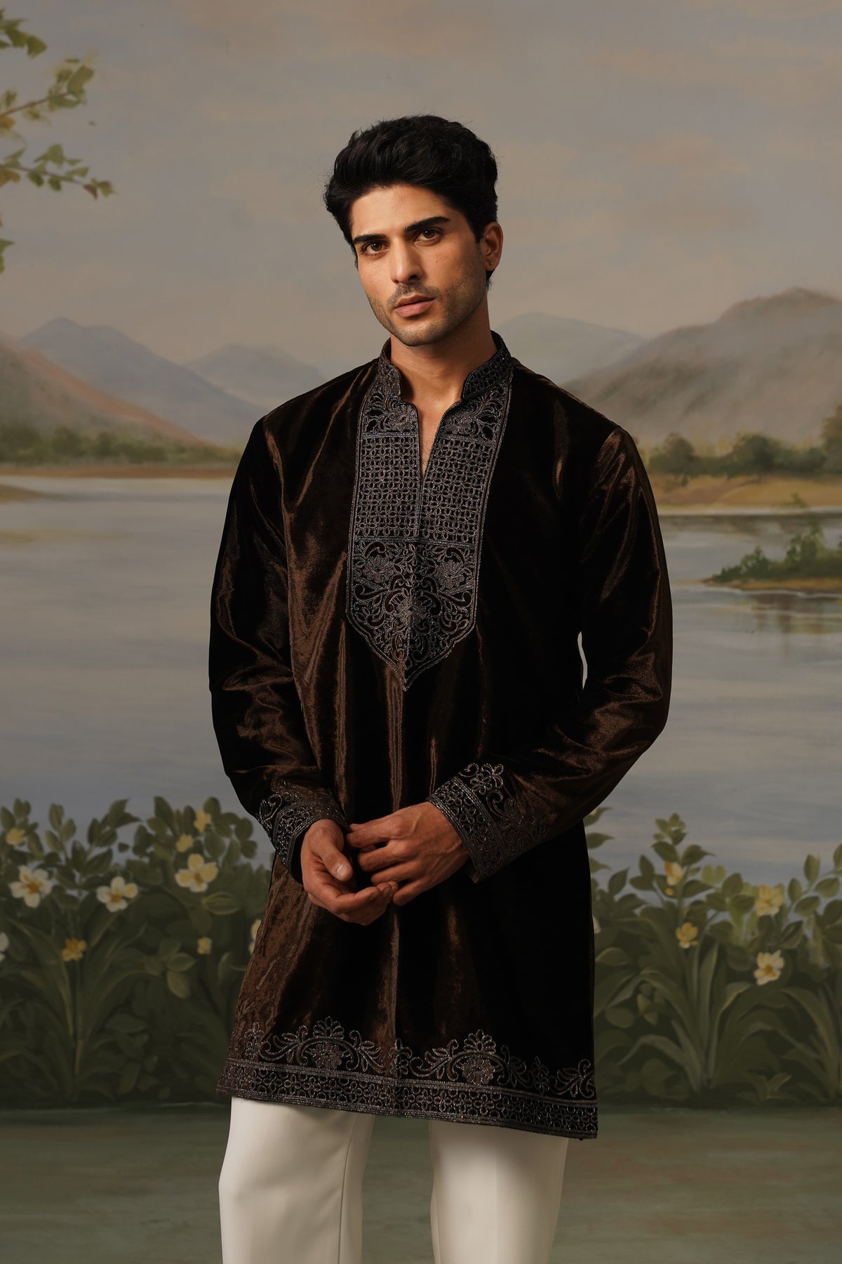 Khaki Brown Velvet Bead Embroidered Kurta Set