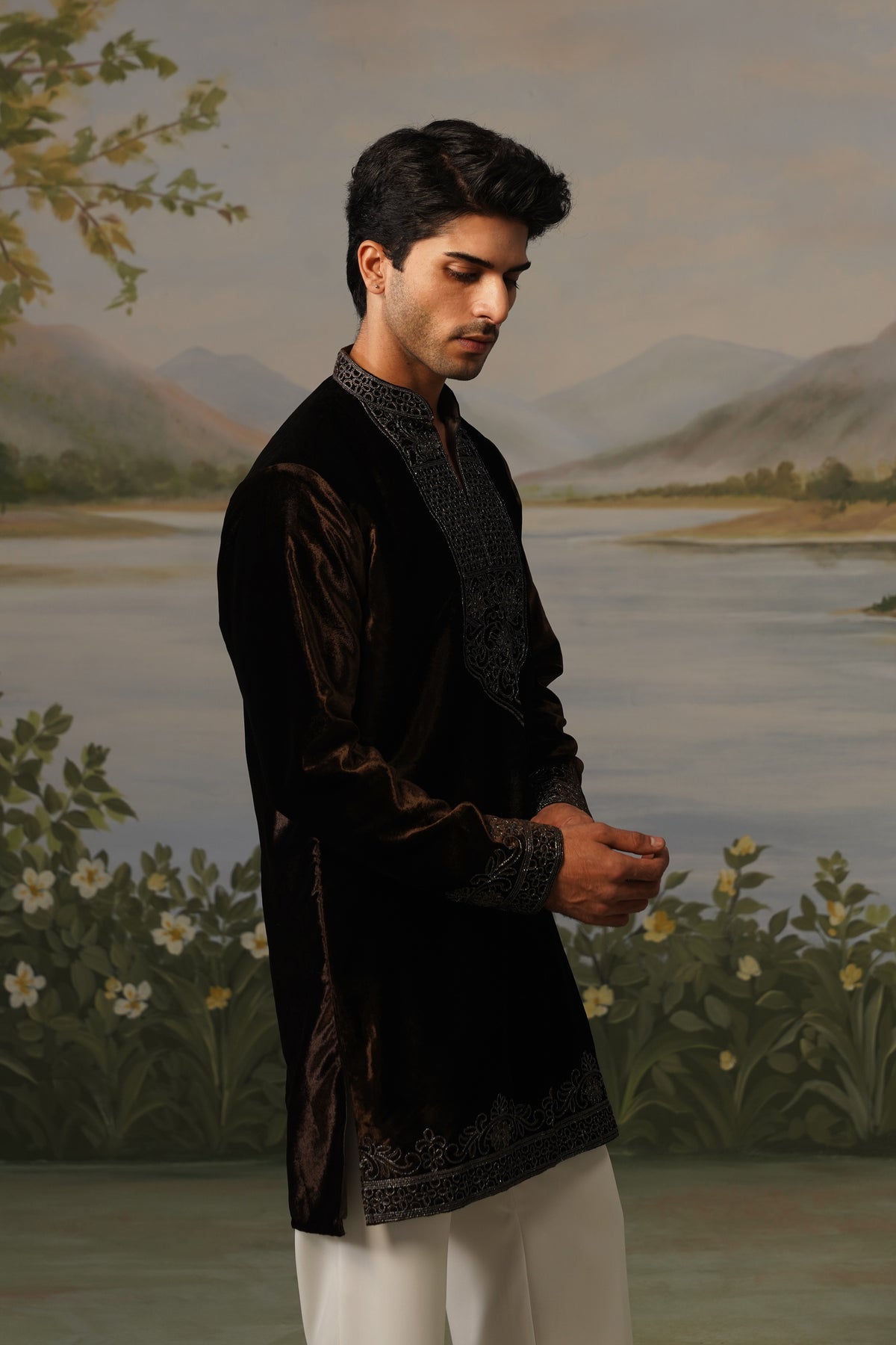 Khaki Brown Velvet Bead Embroidered Kurta Set