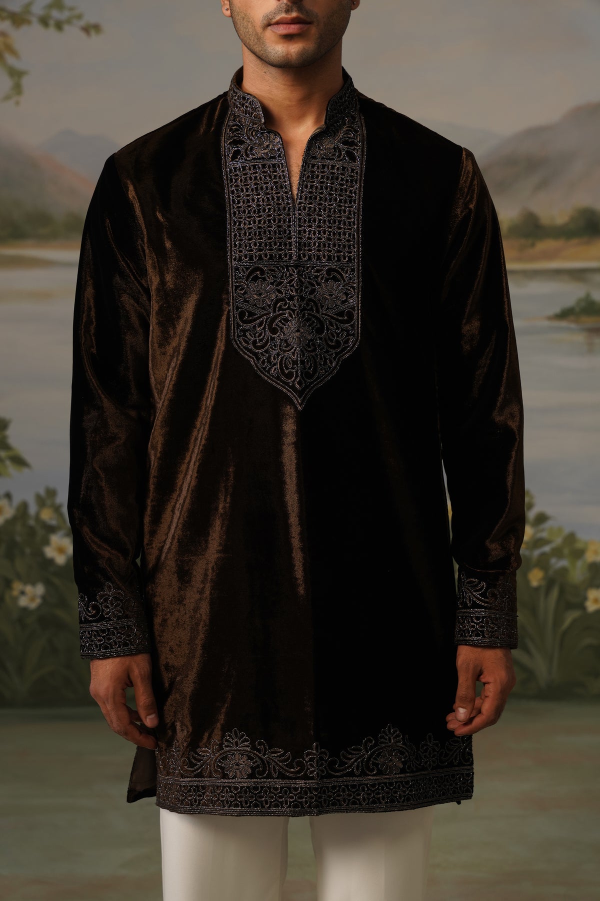 Khaki Brown Velvet Bead Embroidered Kurta Set