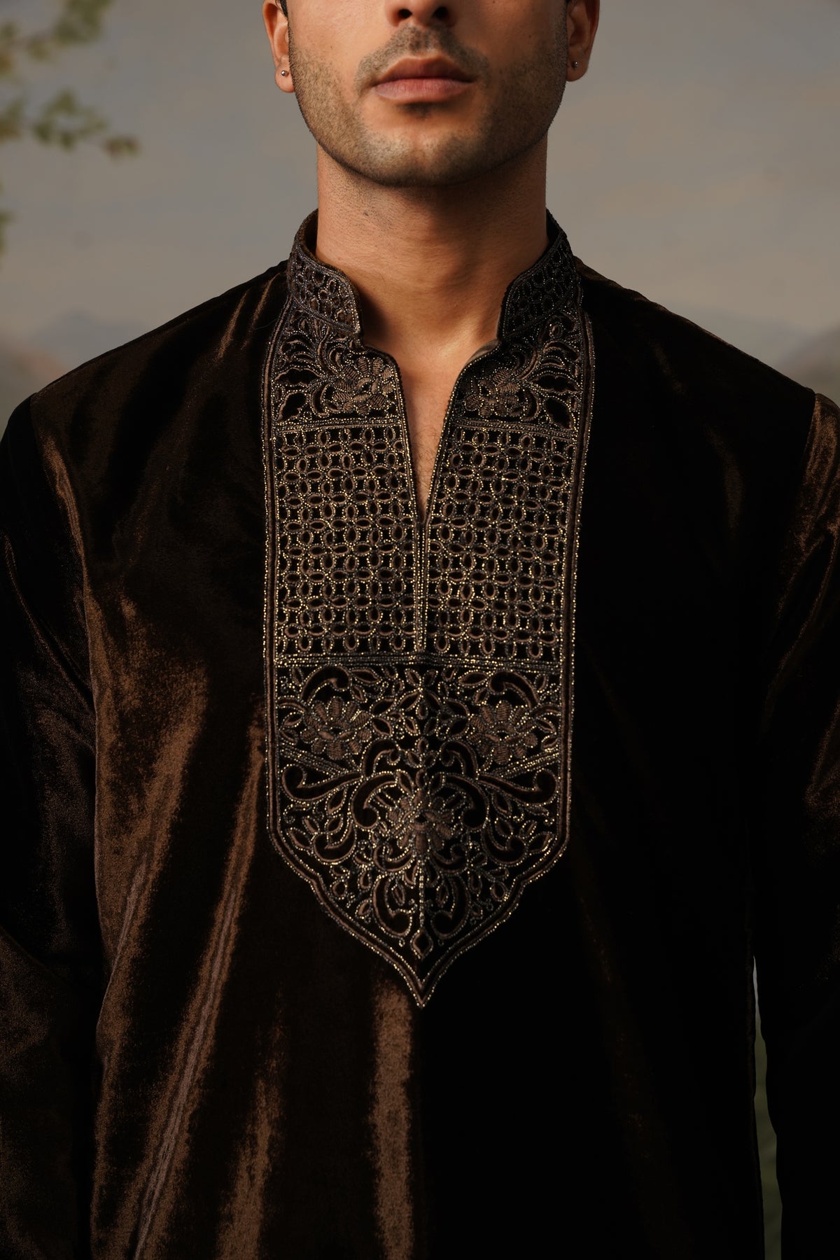 Khaki Brown Velvet Bead Embroidered Kurta Set