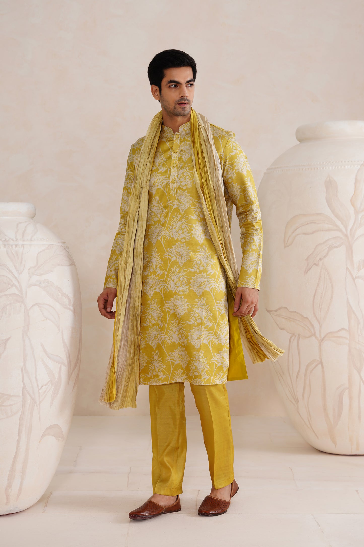 Yellow Tussar Print Kurta Set With Crush Ombre Dupatta