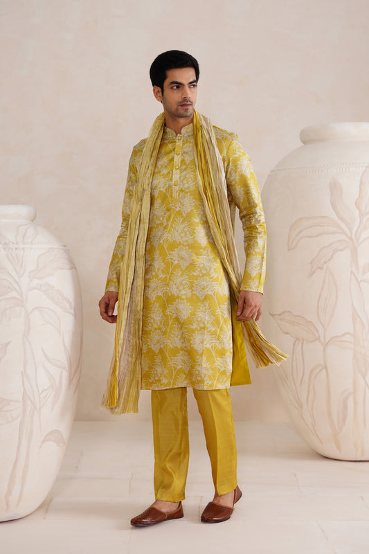 Yellow Tussar Print Kurta Set With Crush Ombre Dupatta
