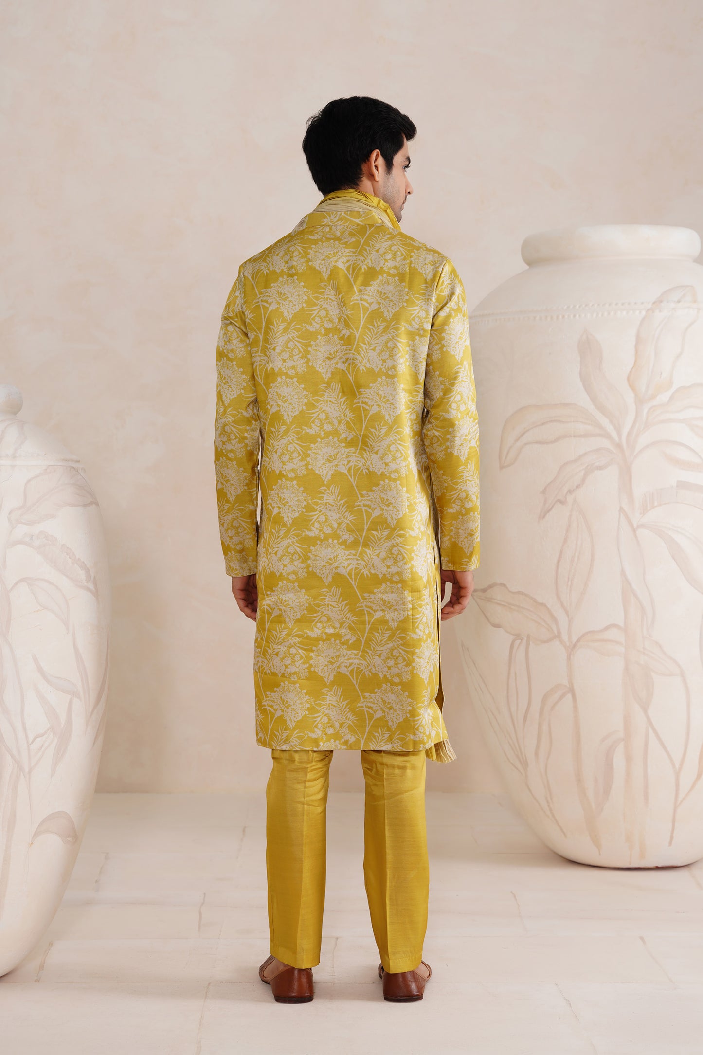 Yellow Tussar Print Kurta Set With Crush Ombre Dupatta