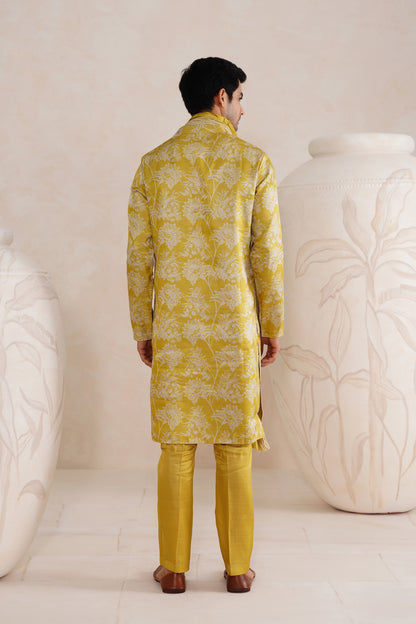 Yellow Tussar Print Kurta Set With Crush Ombre Dupatta
