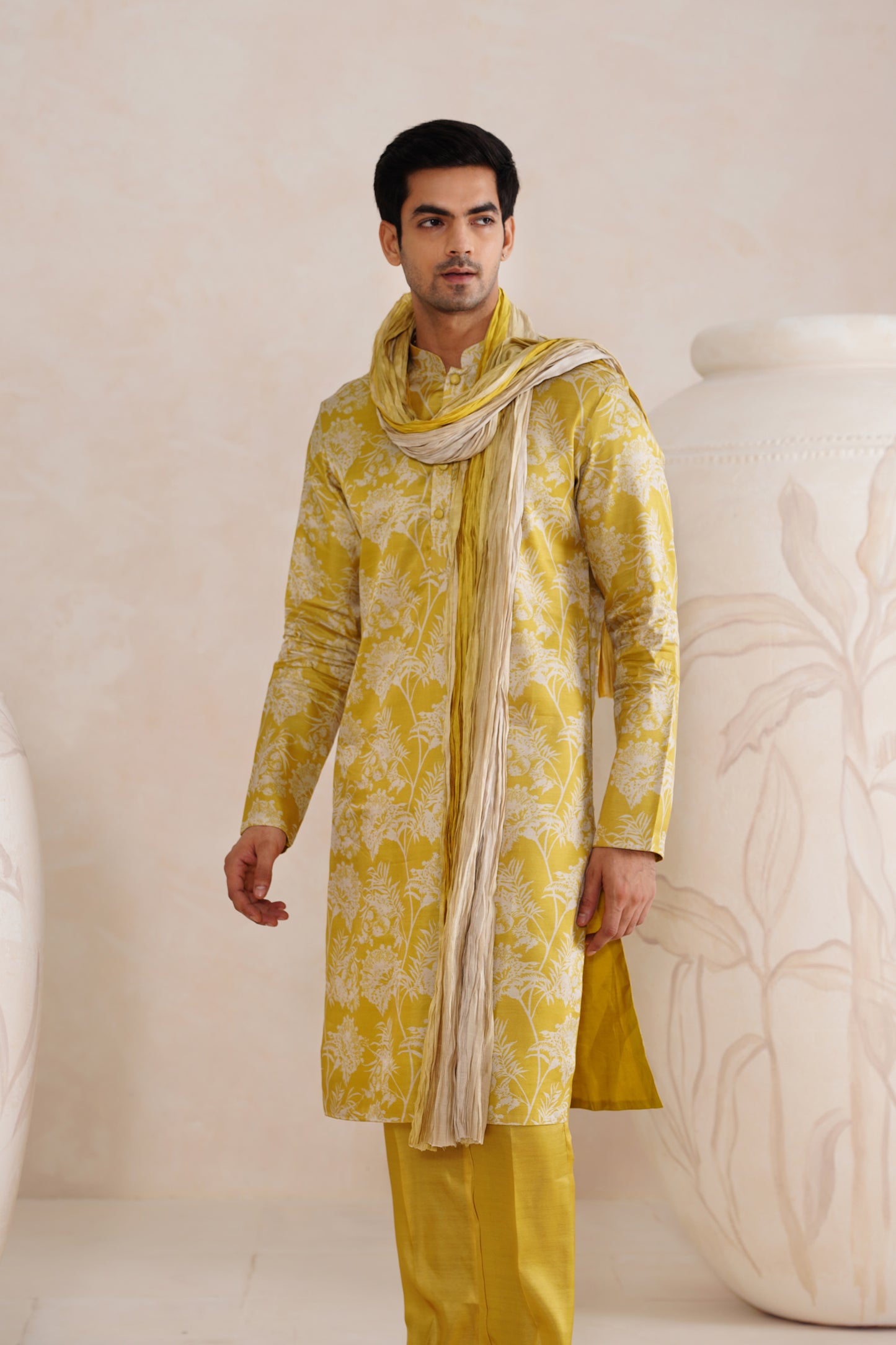 Yellow Tussar Print Kurta Set With Crush Ombre Dupatta