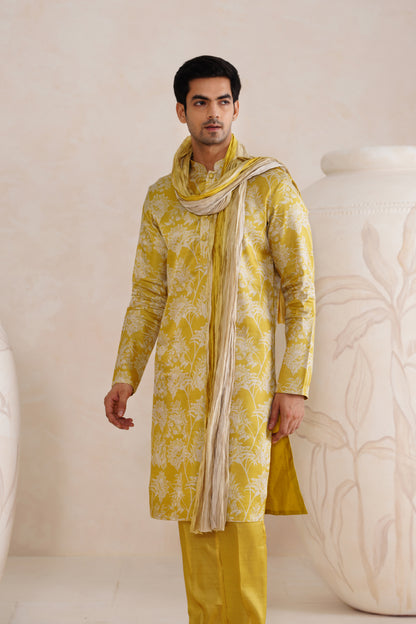 Yellow Tussar Print Kurta Set With Crush Ombre Dupatta