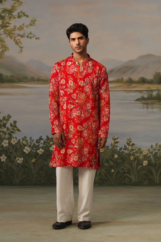 Laal Baagh Red Floral Embroidered Print Kurta Set