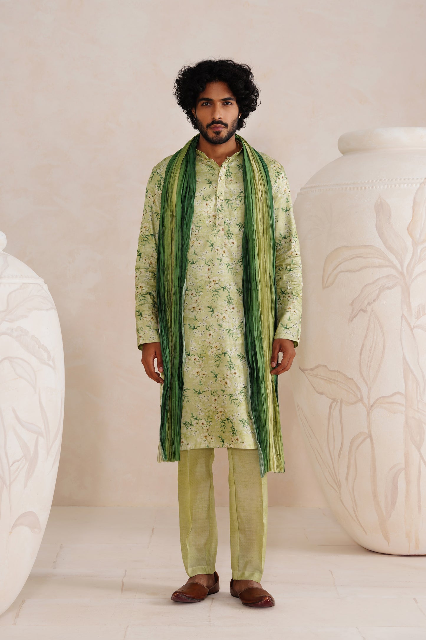 Green Tussar Print Kurta Set With Crush Ombre Dupatta