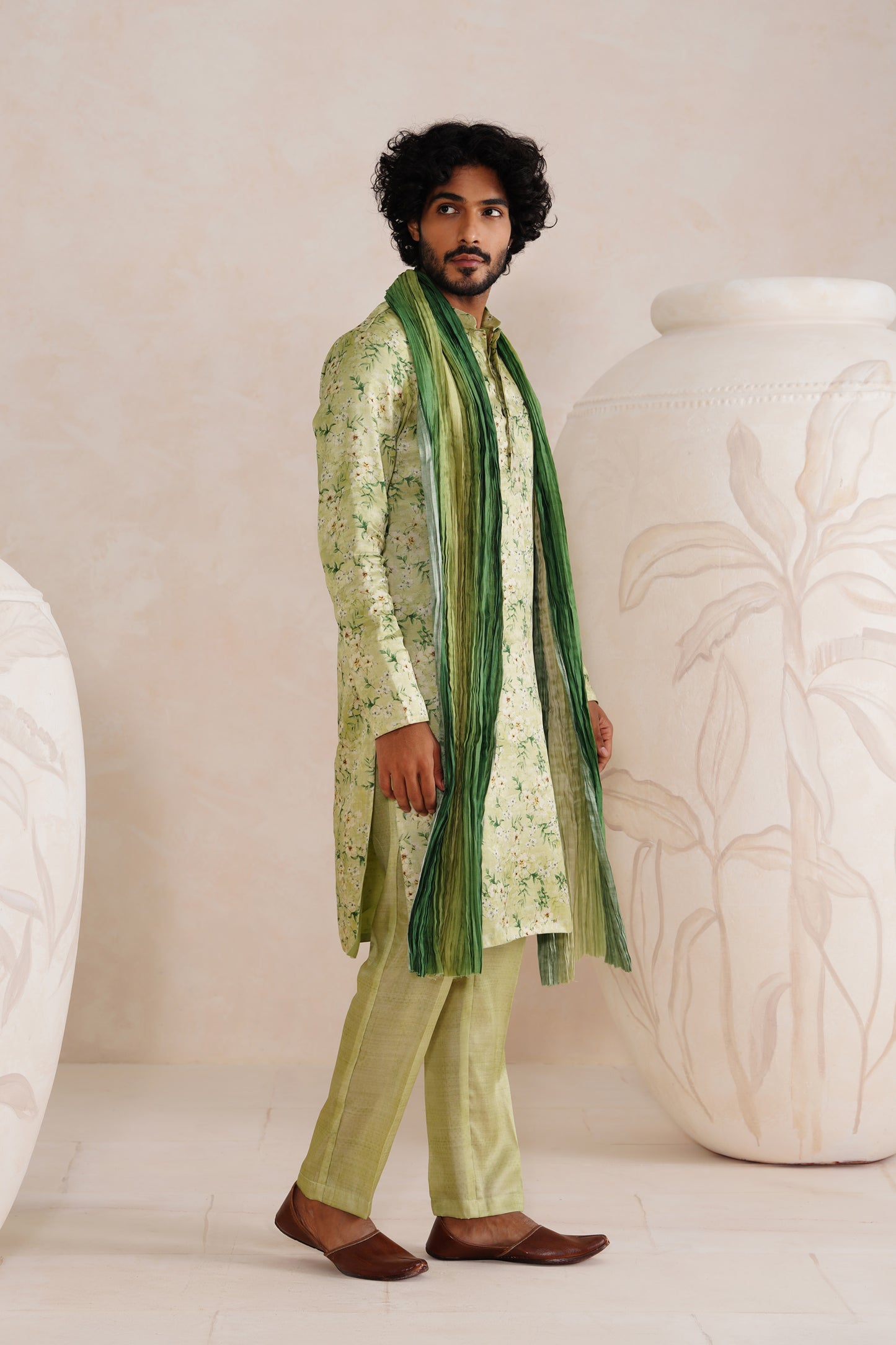 Green Tussar Print Kurta Set With Crush Ombre Dupatta