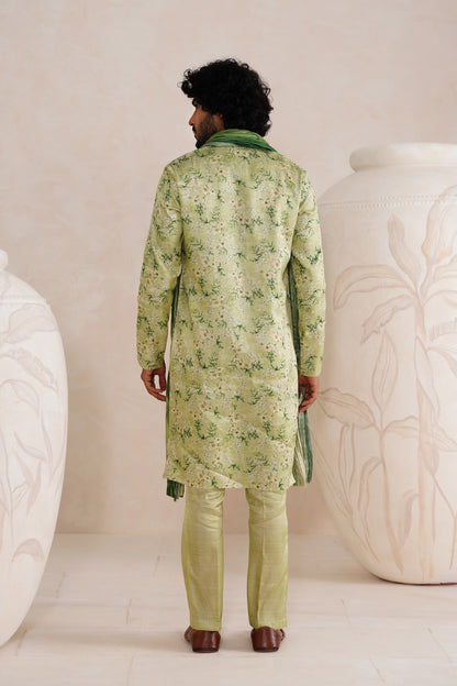 Green Tussar Print Kurta Set With Crush Ombre Dupatta