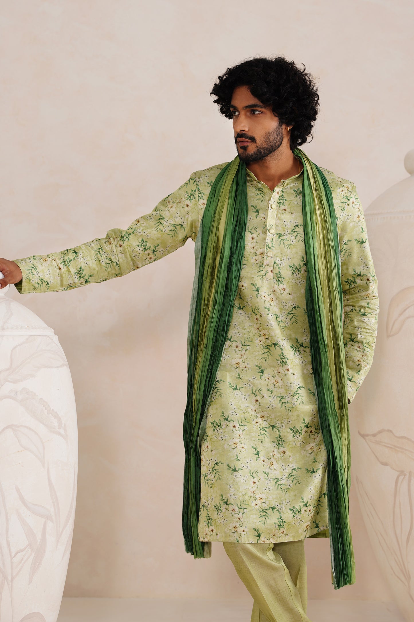 Green Tussar Print Kurta Set With Crush Ombre Dupatta