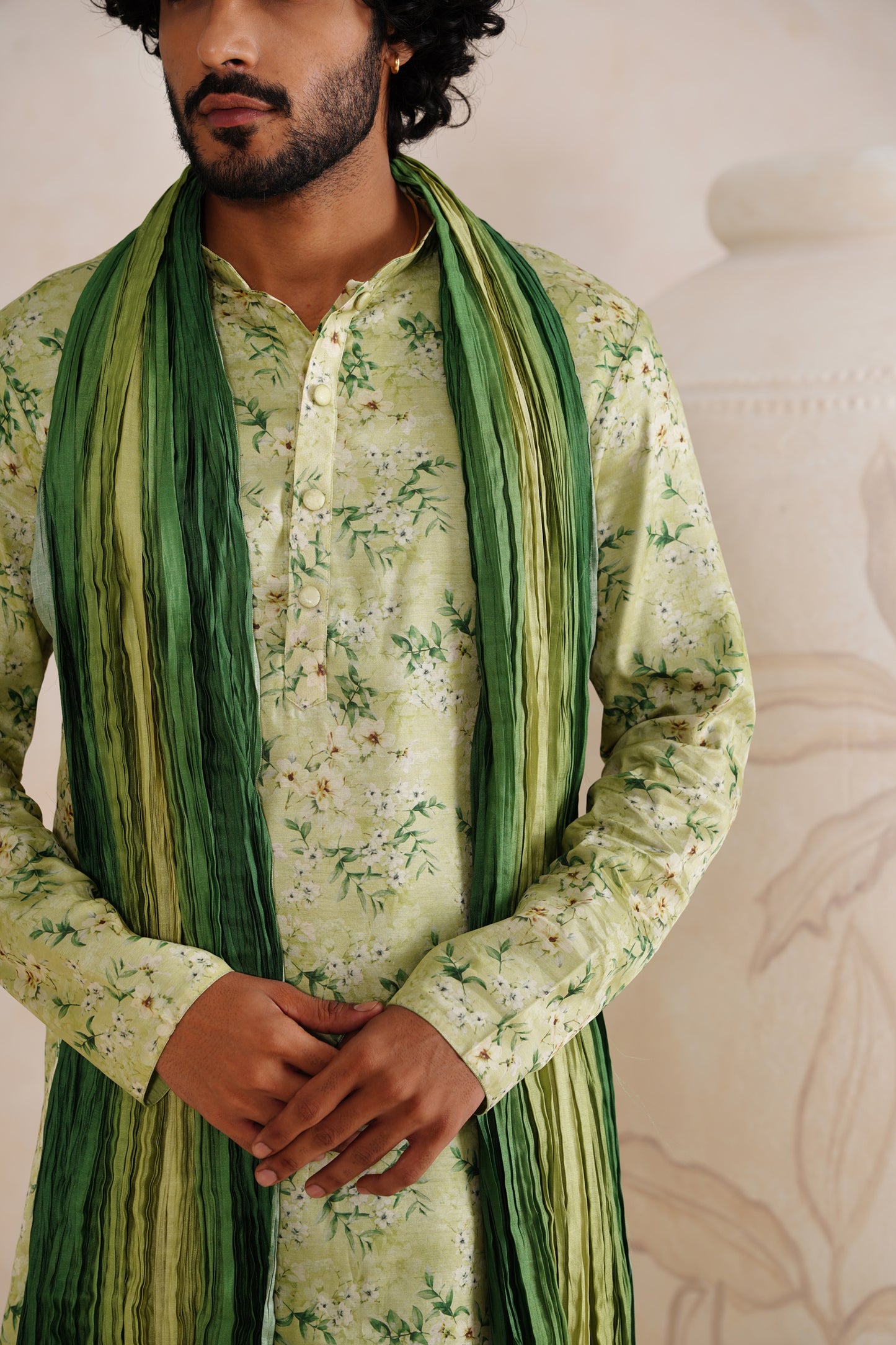 Green Tussar Print Kurta Set With Crush Ombre Dupatta