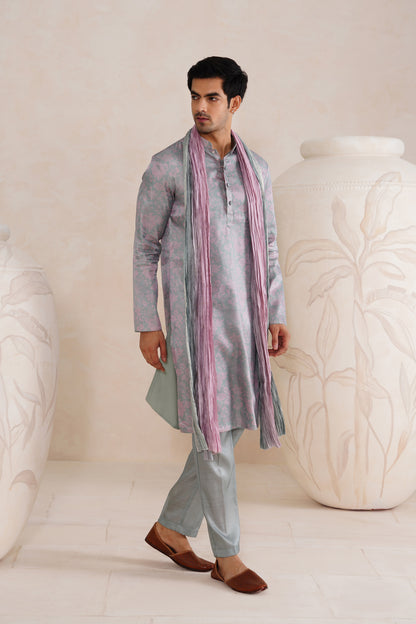Cloud Grey Tussar Silk Print Kurta Set With Crush Ombre Dupatta