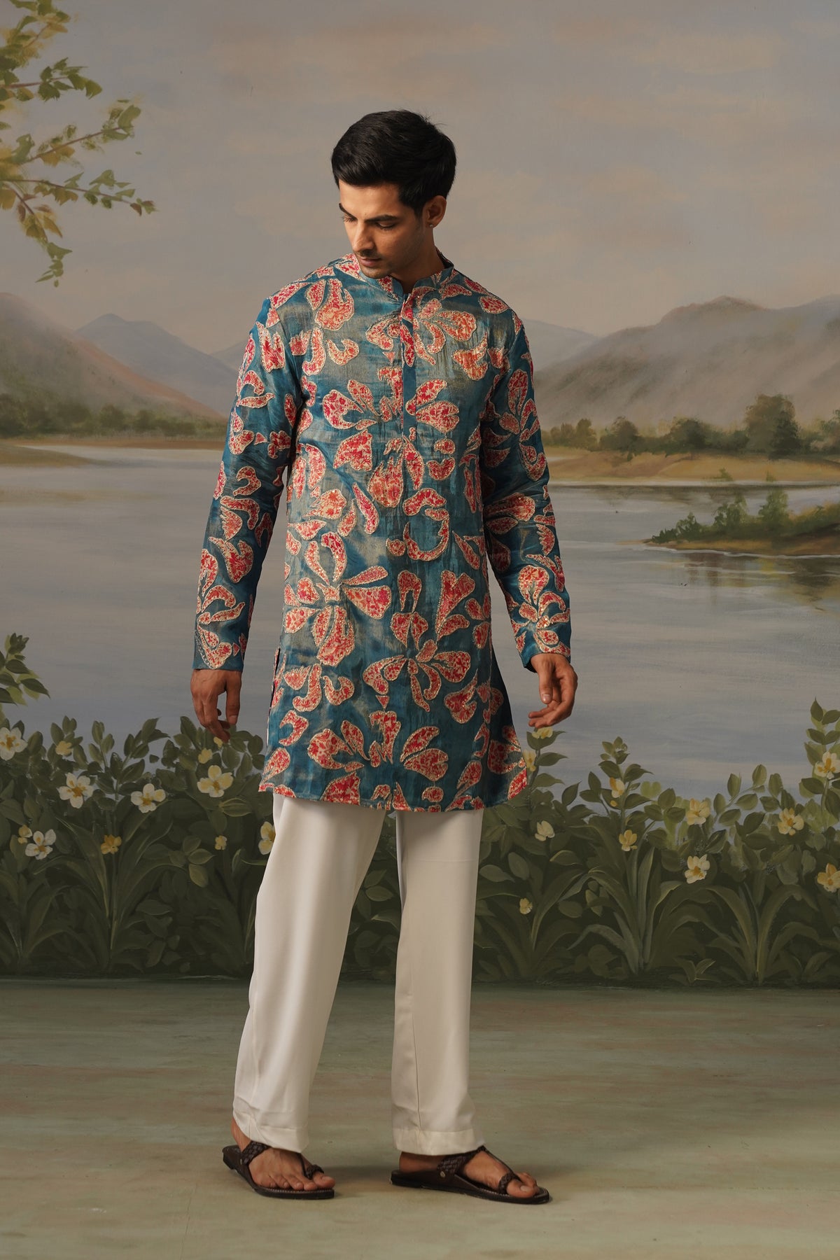 Kairi Teal Paisley Embroidered Print Kurta Set