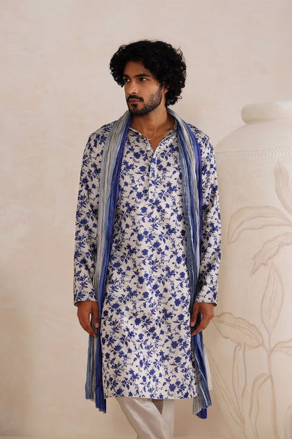 Dusty Grey Tussar Silk Print Kurta Set With Crush Ombre Dupatta