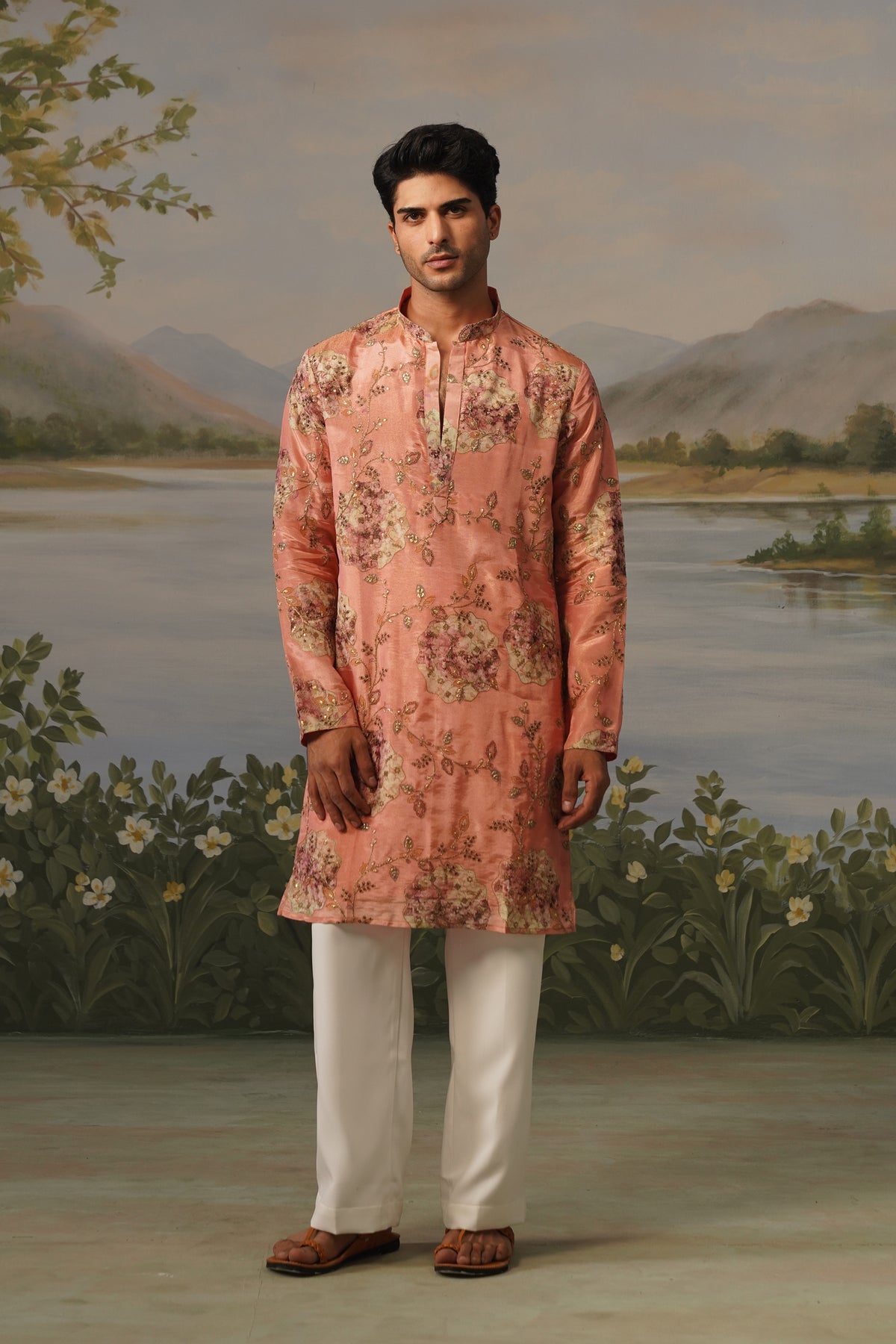 Shafaq Peach Floral Embroidered Print Kurta Set