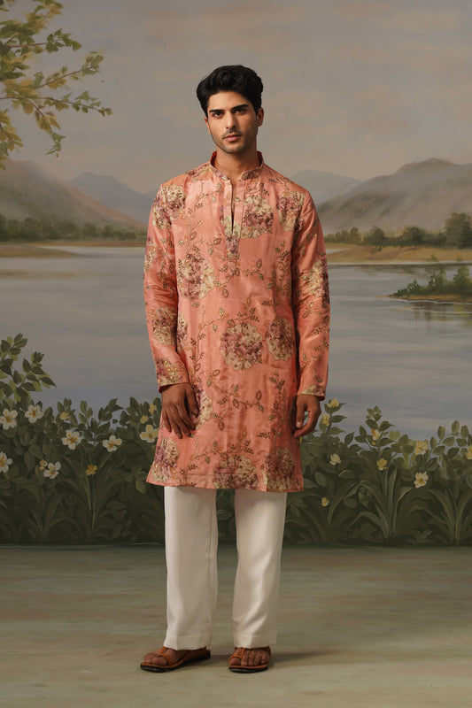Shafaq Peach Floral Embroidered Print Kurta Set