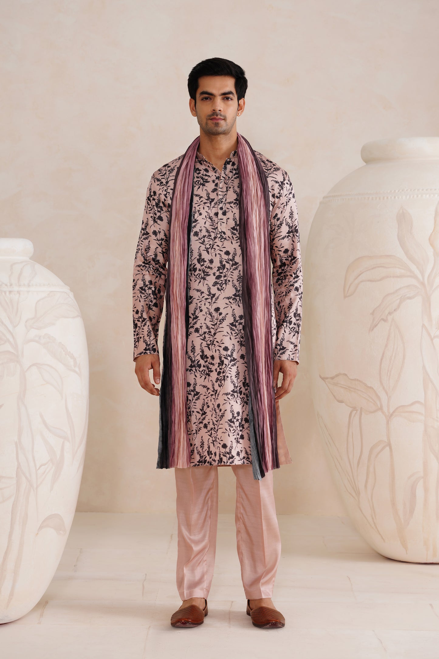 Baby Pink Floral Tussar Silk Print Kurta Set With Crush Ombre Dupatta