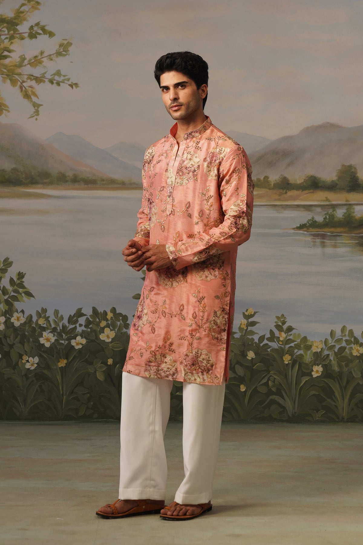 Shafaq Peach Floral Embroidered Print Kurta Set