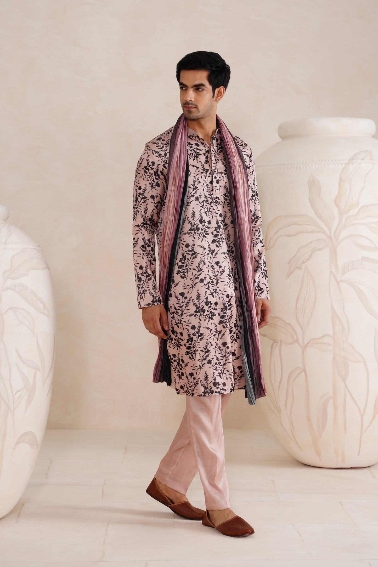 Baby Pink Floral Tussar Silk Print Kurta Set With Crush Ombre Dupatta