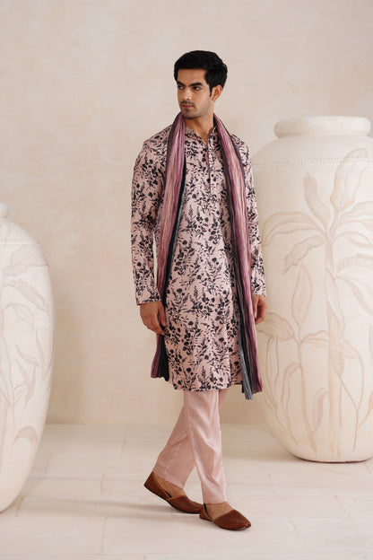 Baby Pink Floral Tussar Silk Print Kurta Set With Crush Ombre Dupatta