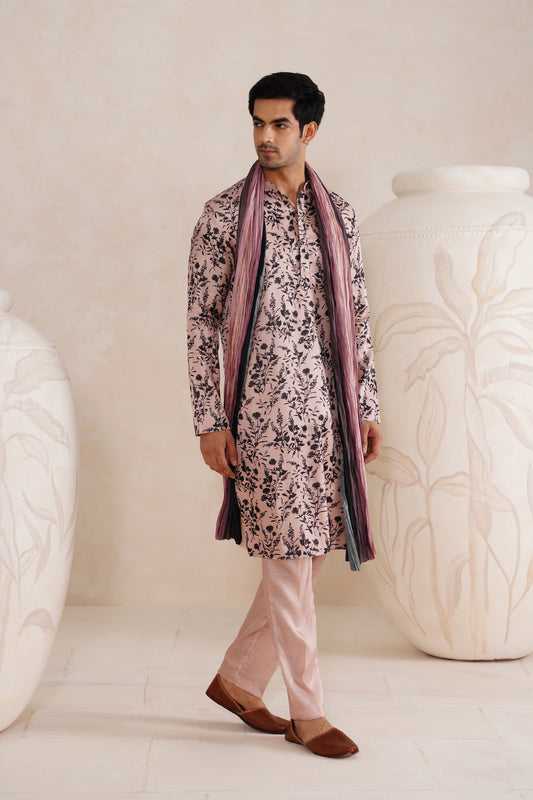 Baby Pink Floral Tussar Silk Print Kurta Set With Crush Ombre Dupatta