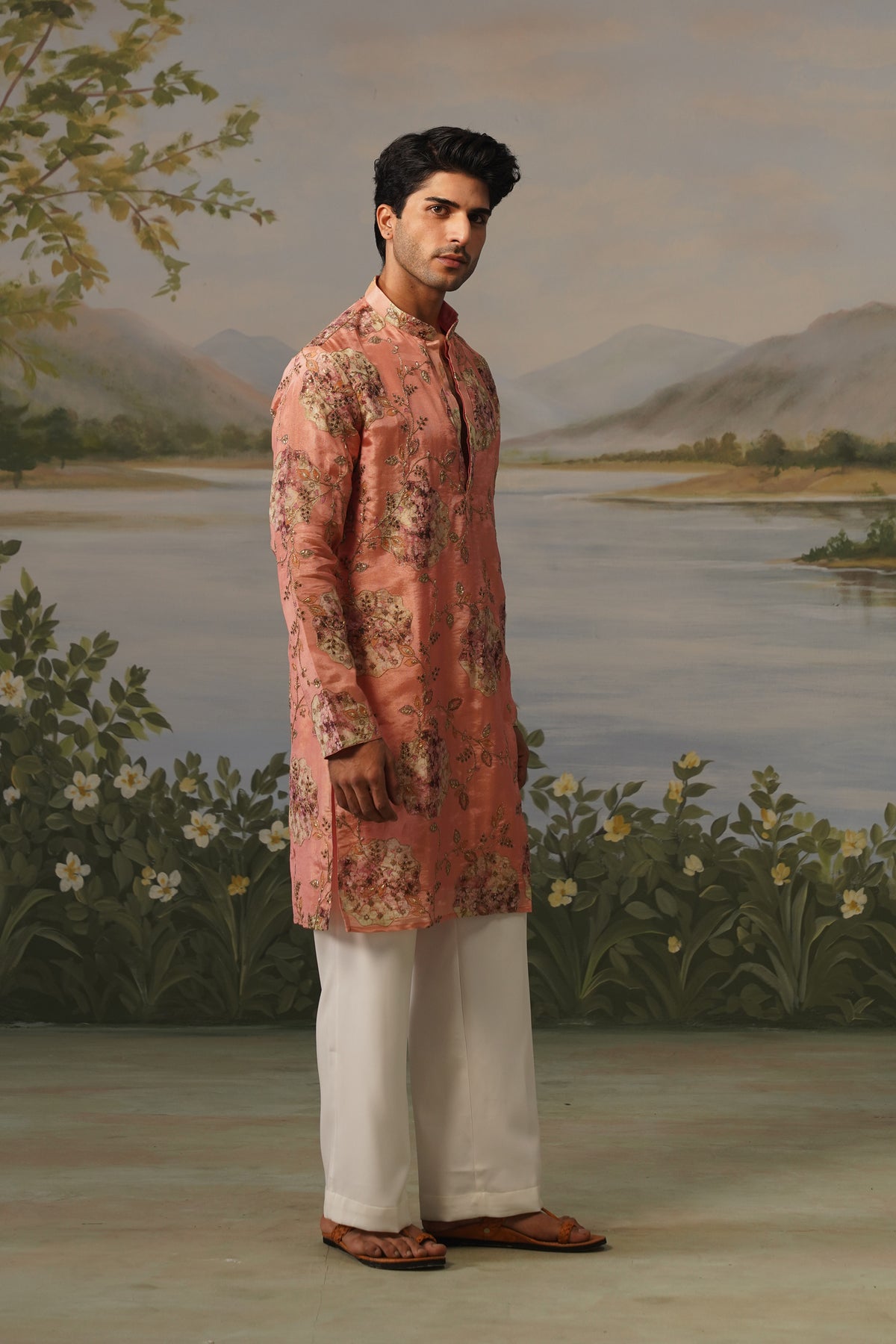 Shafaq Peach Floral Embroidered Print Kurta Set