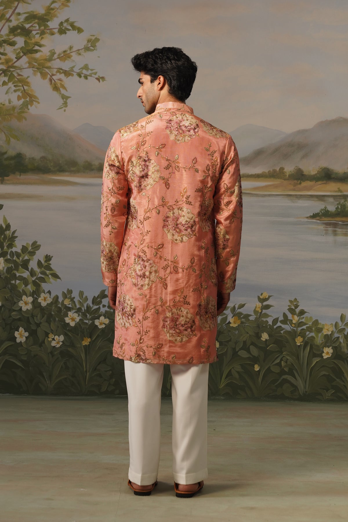 Shafaq Peach Floral Embroidered Print Kurta Set