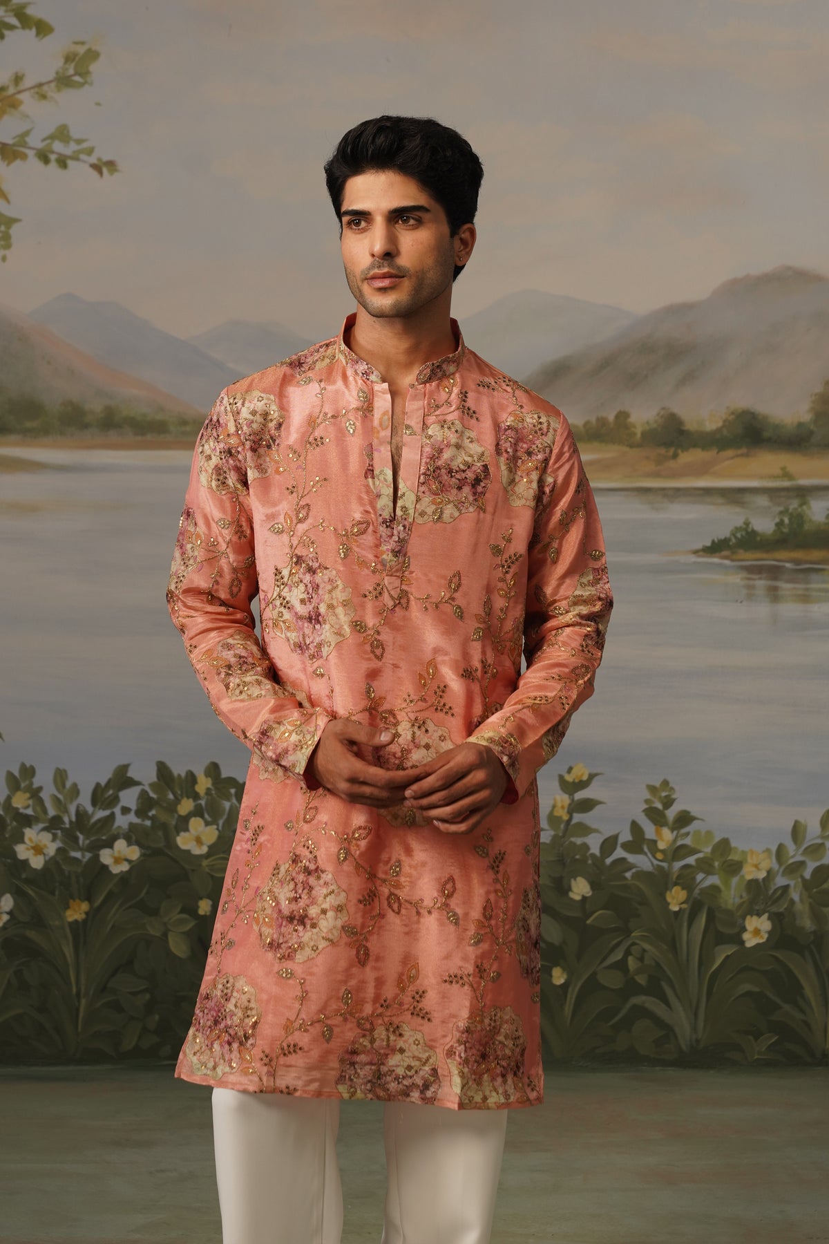 Shafaq Peach Floral Embroidered Print Kurta Set