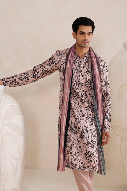 Baby Pink Floral Tussar Silk Print Kurta Set With Crush Ombre Dupatta