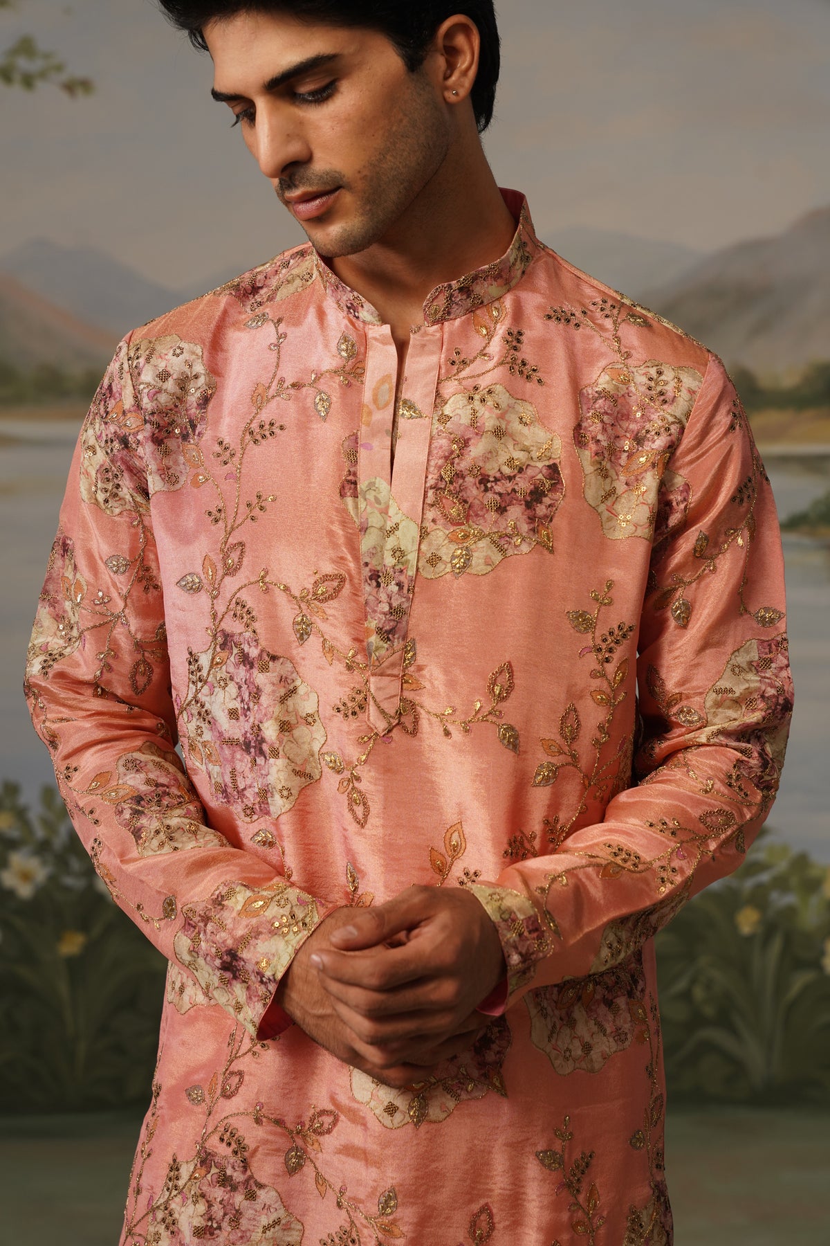 Shafaq Peach Floral Embroidered Print Kurta Set