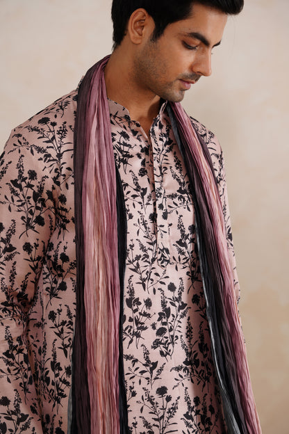 Baby Pink Floral Tussar Silk Print Kurta Set With Crush Ombre Dupatta