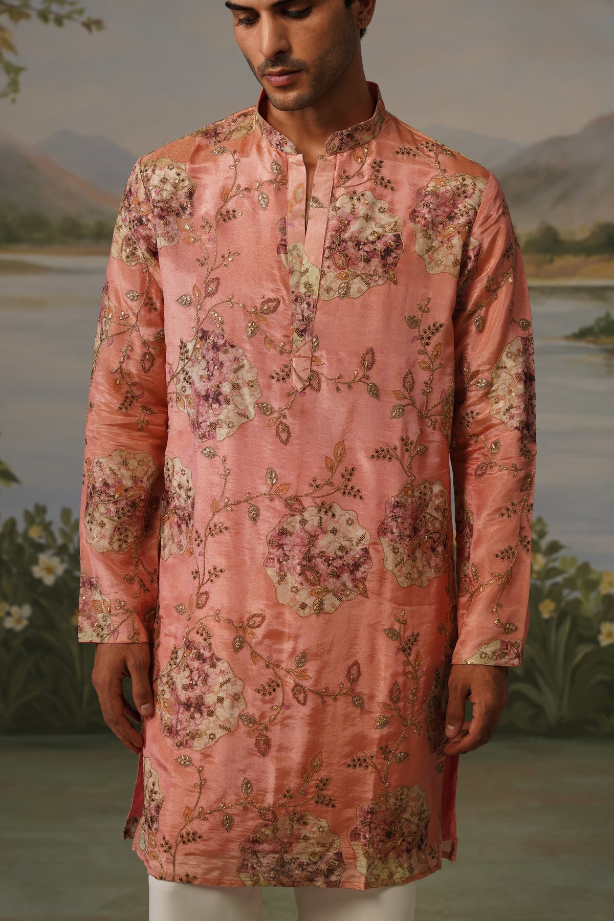 Shafaq Peach Floral Embroidered Print Kurta Set