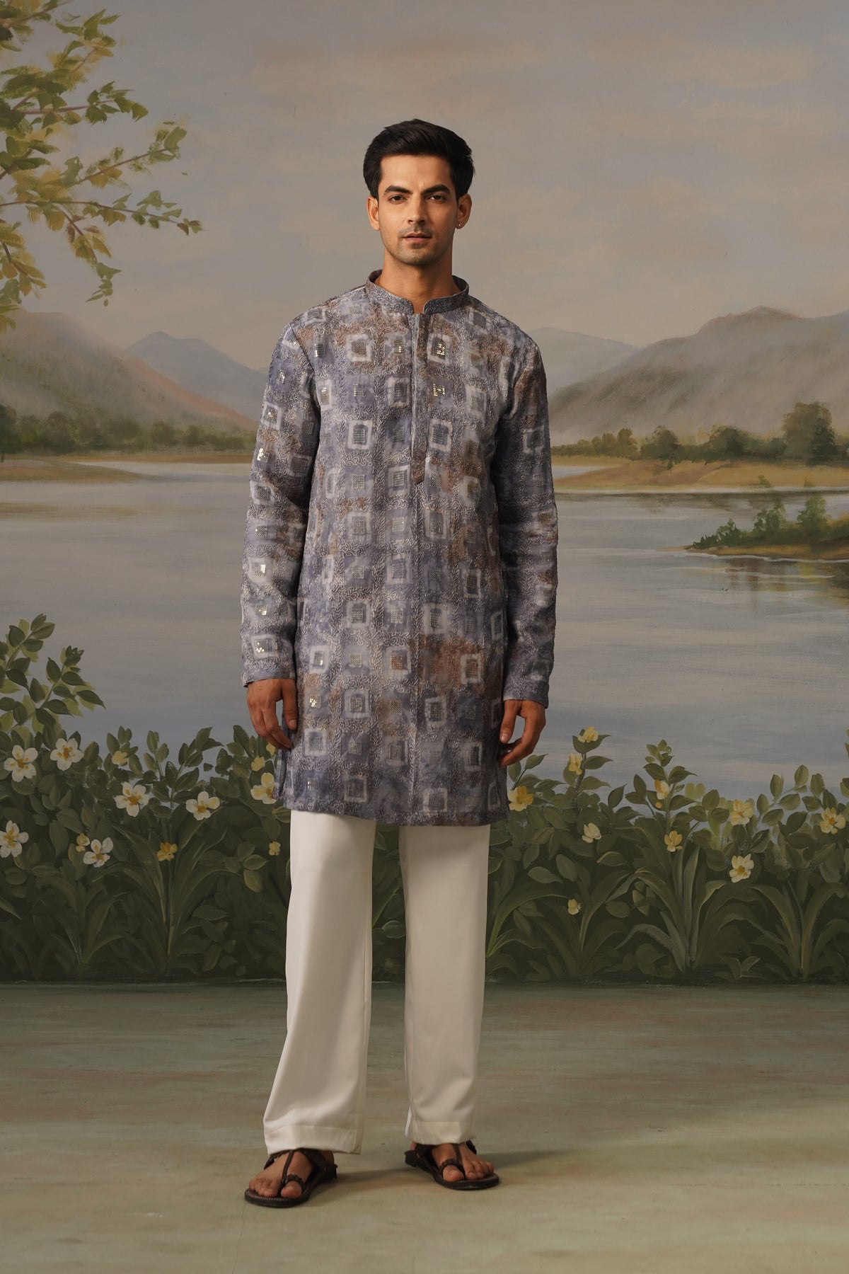 Nehar Grey Hand Batik Embroidered Kurta Set