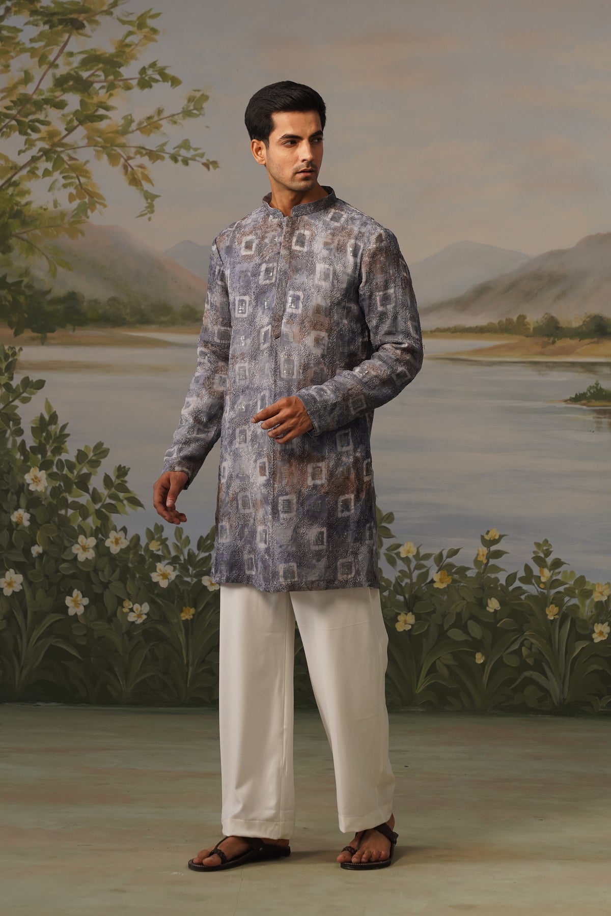Nehar Grey Hand Batik Embroidered Kurta Set