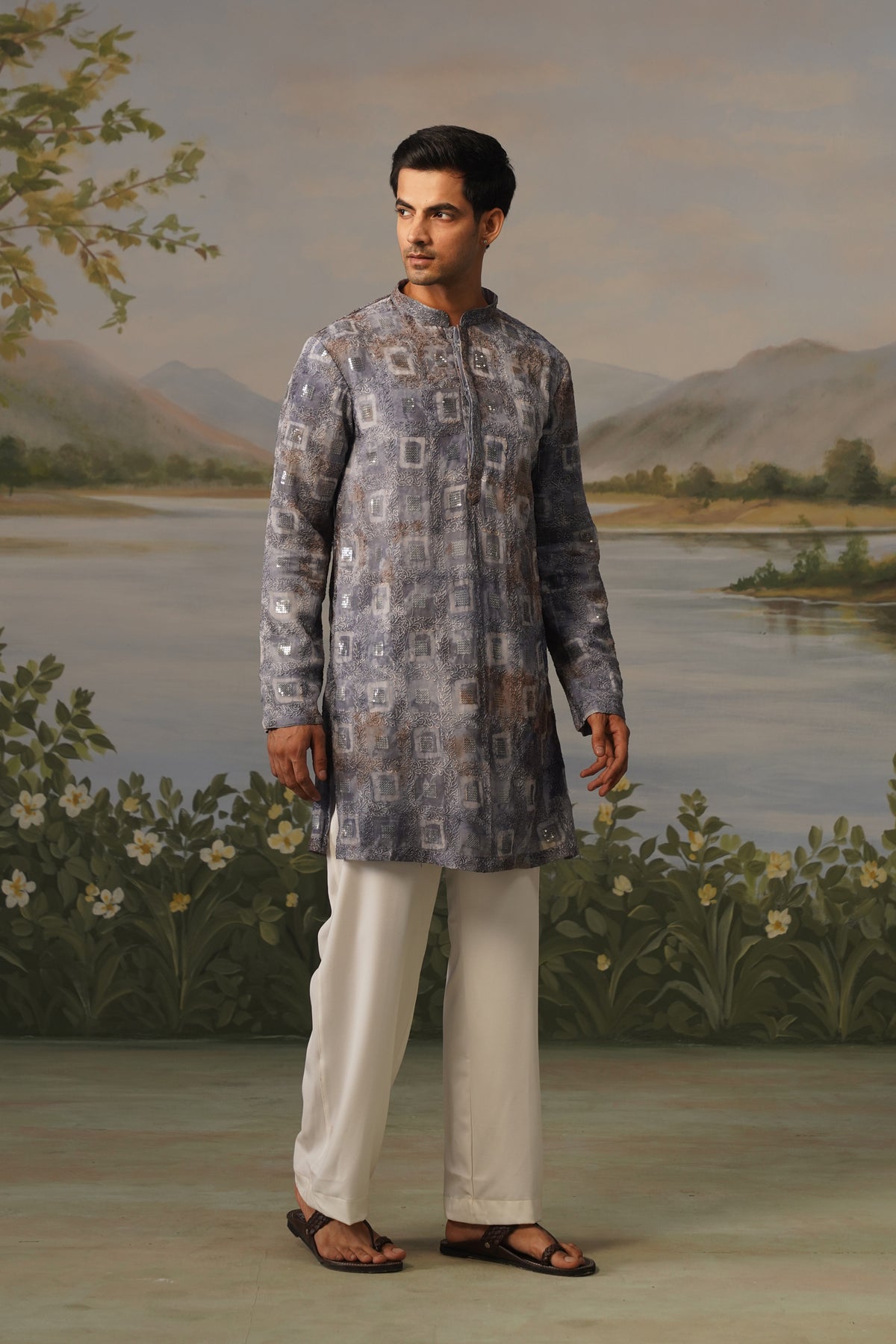Nehar Grey Hand Batik Embroidered Kurta Set
