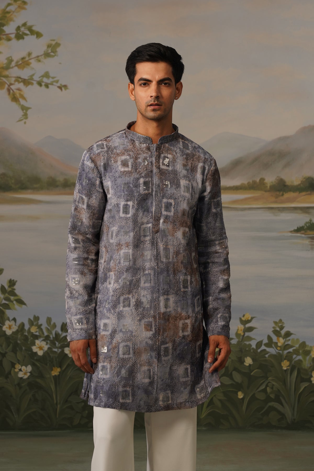 Nehar Grey Hand Batik Embroidered Kurta Set
