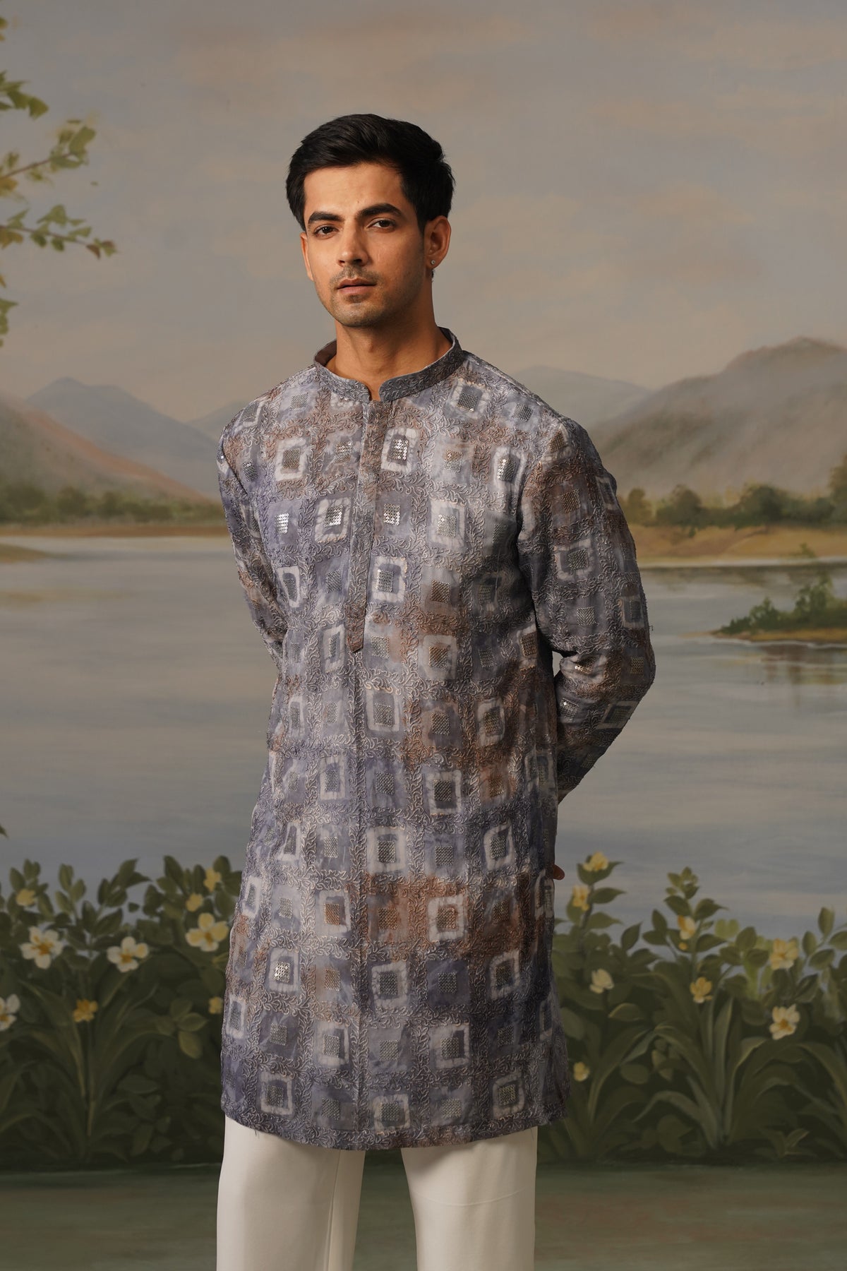 Nehar Grey Hand Batik Embroidered Kurta Set