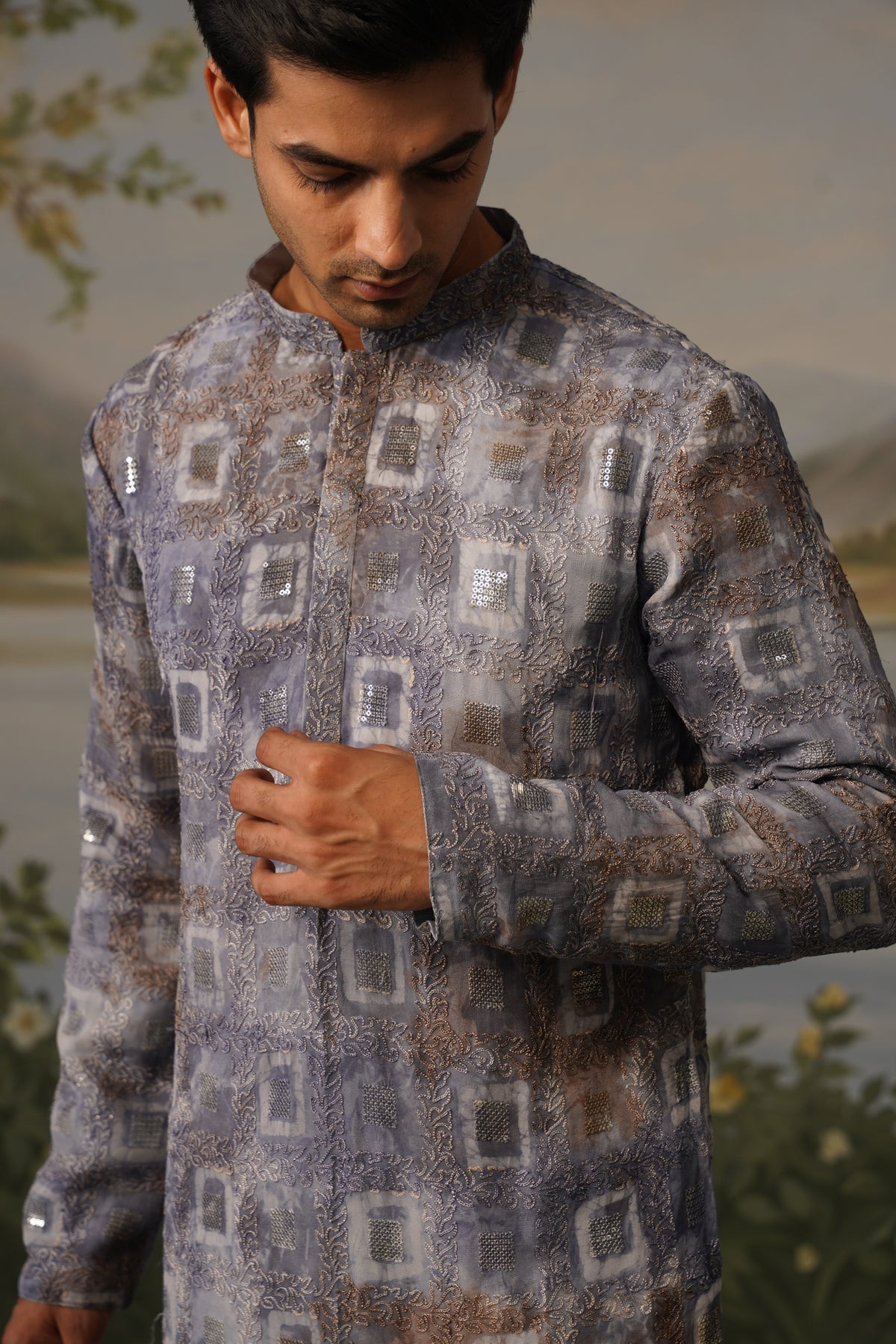 Nehar Grey Hand Batik Embroidered Kurta Set