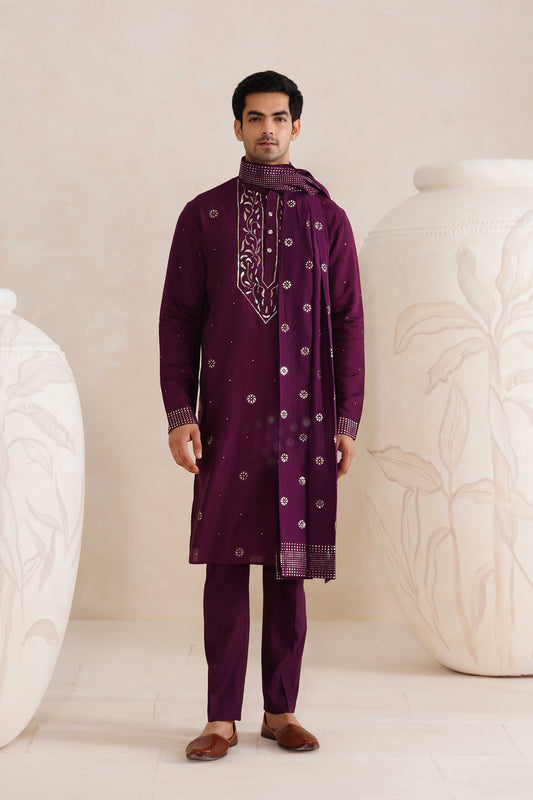 Wine Makesh Embroidery Kurta Set With Dupatta