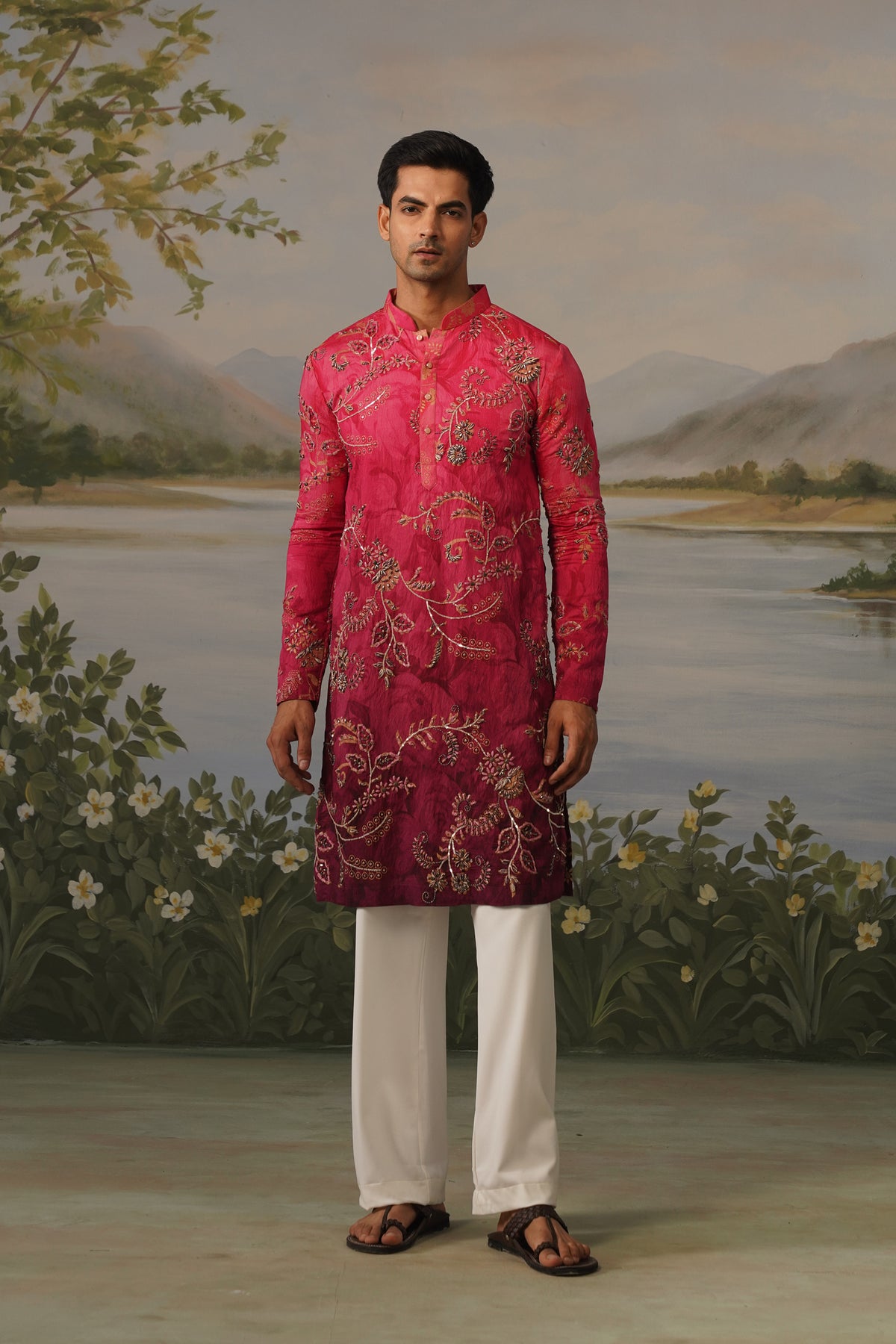 Rani Fuchsia Dhagai Metal Work Kurta Set