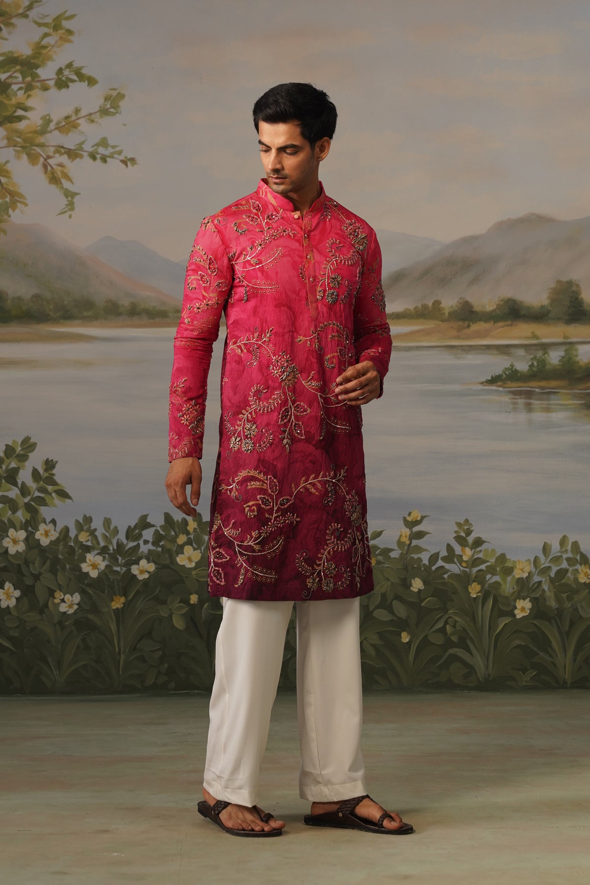 Rani Fuchsia Dhagai Metal Work Kurta Set